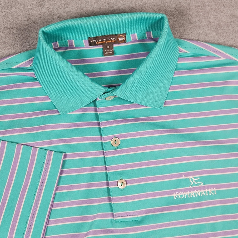 Peter Millar Summer Comfort Polo Shirt Mens Medium Teal Striped Golf Stretch